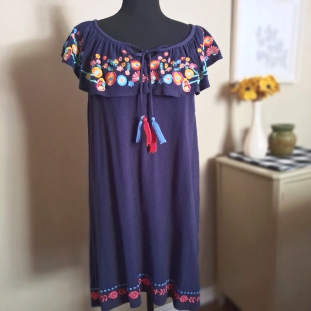 Anthropologie THML linen blend embroidered dress size med